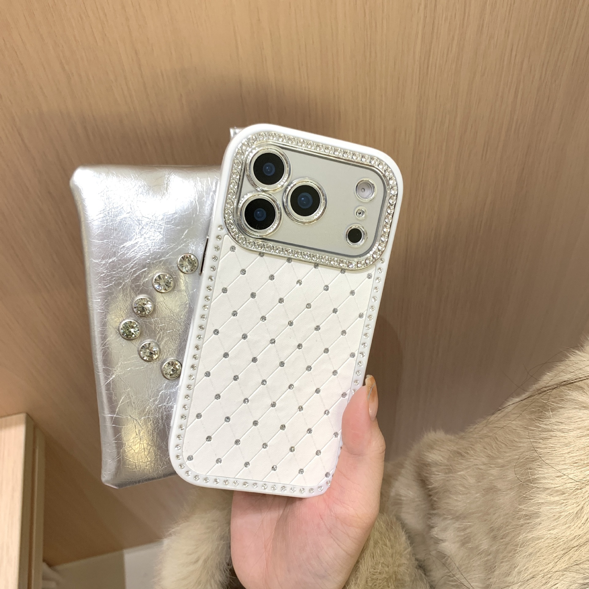 ChicCase Lab Quilted Pattern Rhinestone Luxury Case in White Chanel style for iPhone.