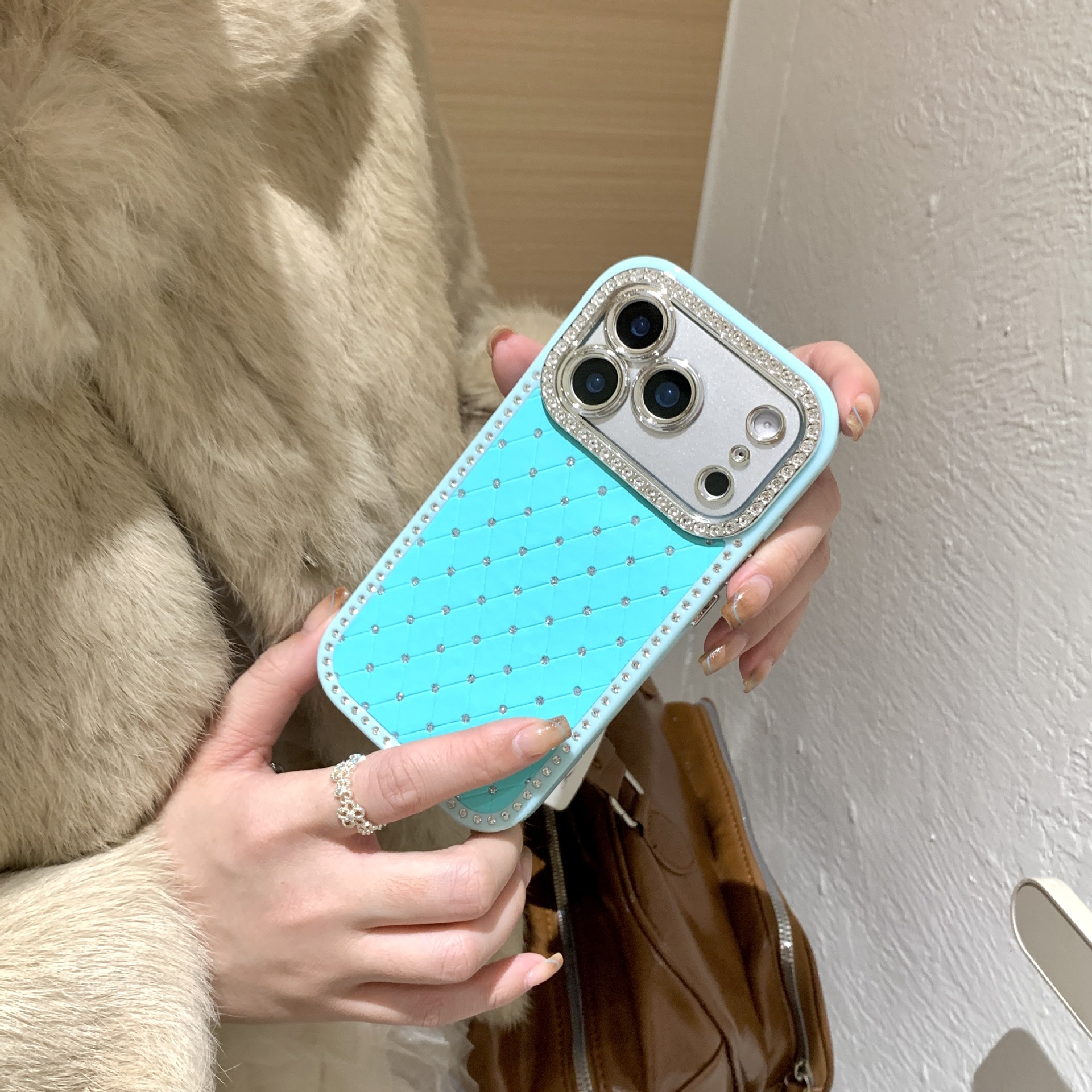 ChicCase Lab Quilted Pattern Rhinestone Luxury Case in Blue Chanel style for iPhone.
