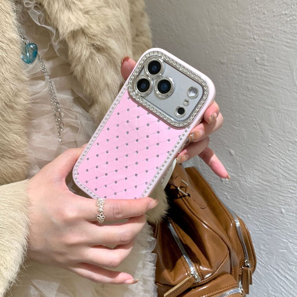 ChicCase Lab Quilted Pattern Rhinestone Luxury Case in Pink Chanel style for iPhone.