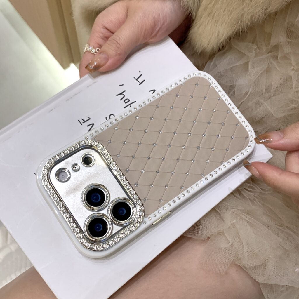 ChicCase Lab Quilted Pattern Rhinestone Luxury Case in Khaki Chanel style for iPhone.