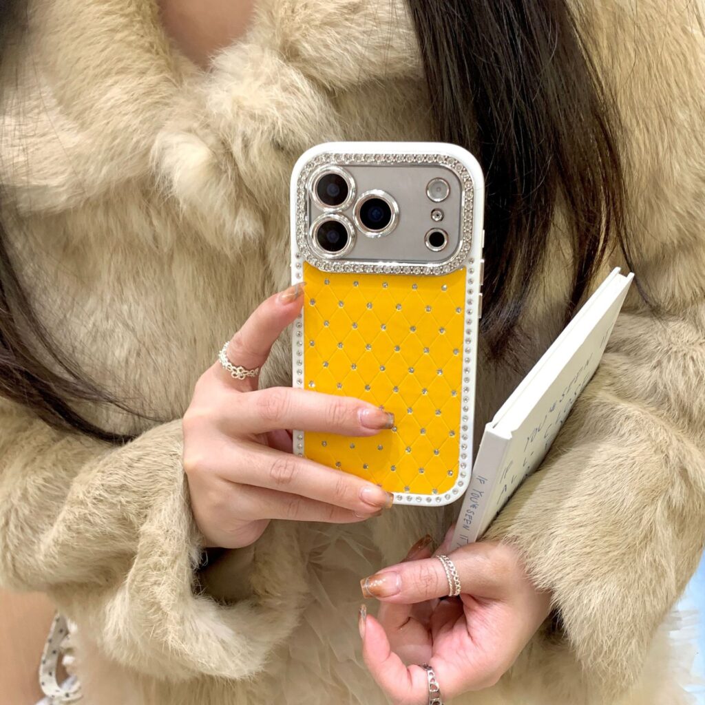 ChicCase Lab Quilted Pattern Rhinestone Luxury Case in Yellow Chanel style for iPhone.