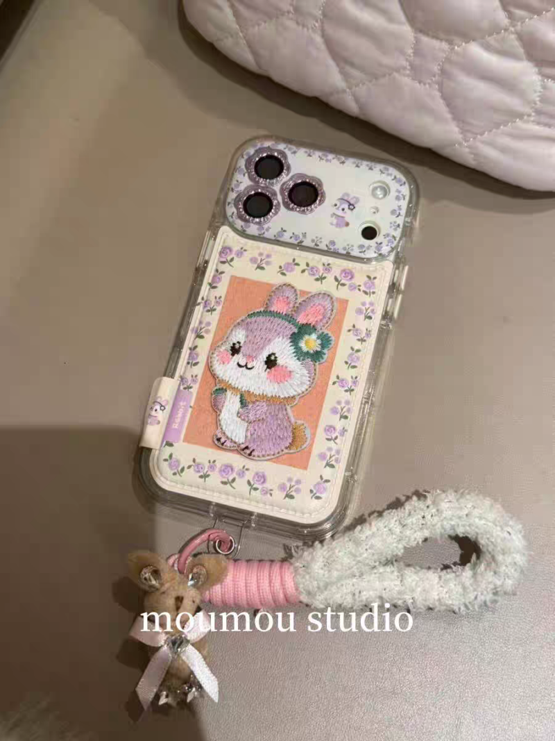 Autumn Winter Cute Floral Embroidery Purple Rabbit Phone Case for iPhone17promax, full coverage shockproof girl phone case with furry strap option