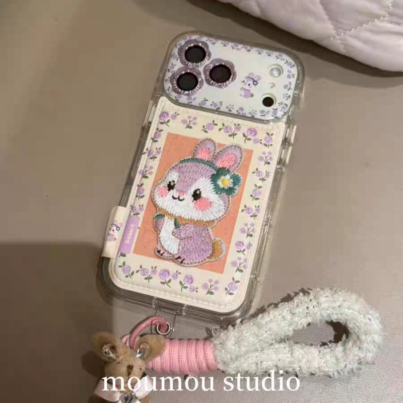Autumn Winter Cute Floral Embroidery Purple Rabbit Phone Case for iPhone17promax, full coverage shockproof girl phone case with furry strap option