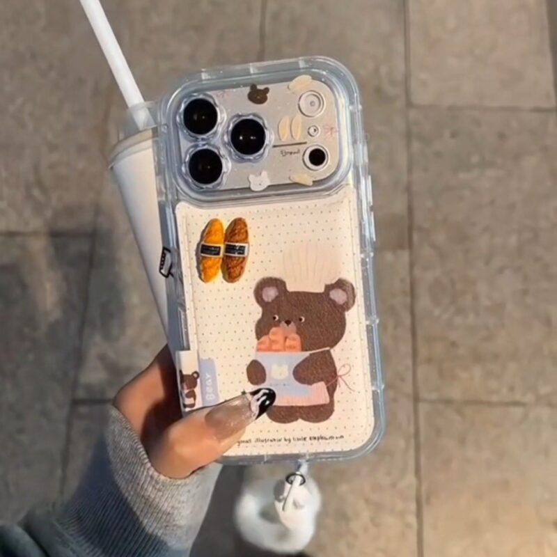 Cartoon Cute Polka Dot Baker Little Brown Bear Phone Case for iPhone17, full lens coverage shockproof phone case with bracelet option