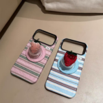 Casery Korean Style INS Color Block Stripe Strawberry Magnetic Stand Phone Case for iPhone17promax, fresh girl full coverage shockproof phone case