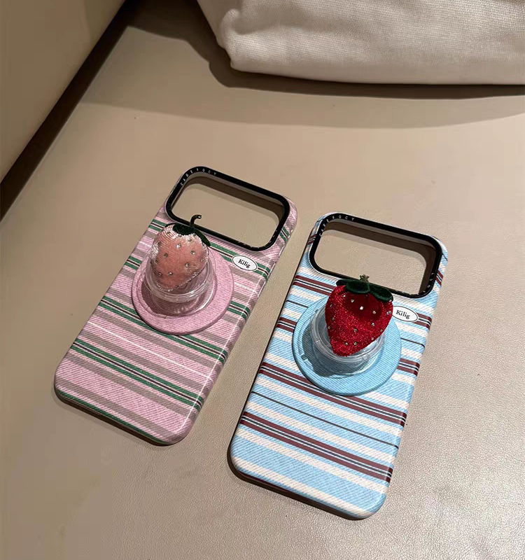 Casery Korean Style INS Color Block Stripe Strawberry Magnetic Stand Phone Case for iPhone17promax, fresh girl full coverage shockproof phone case