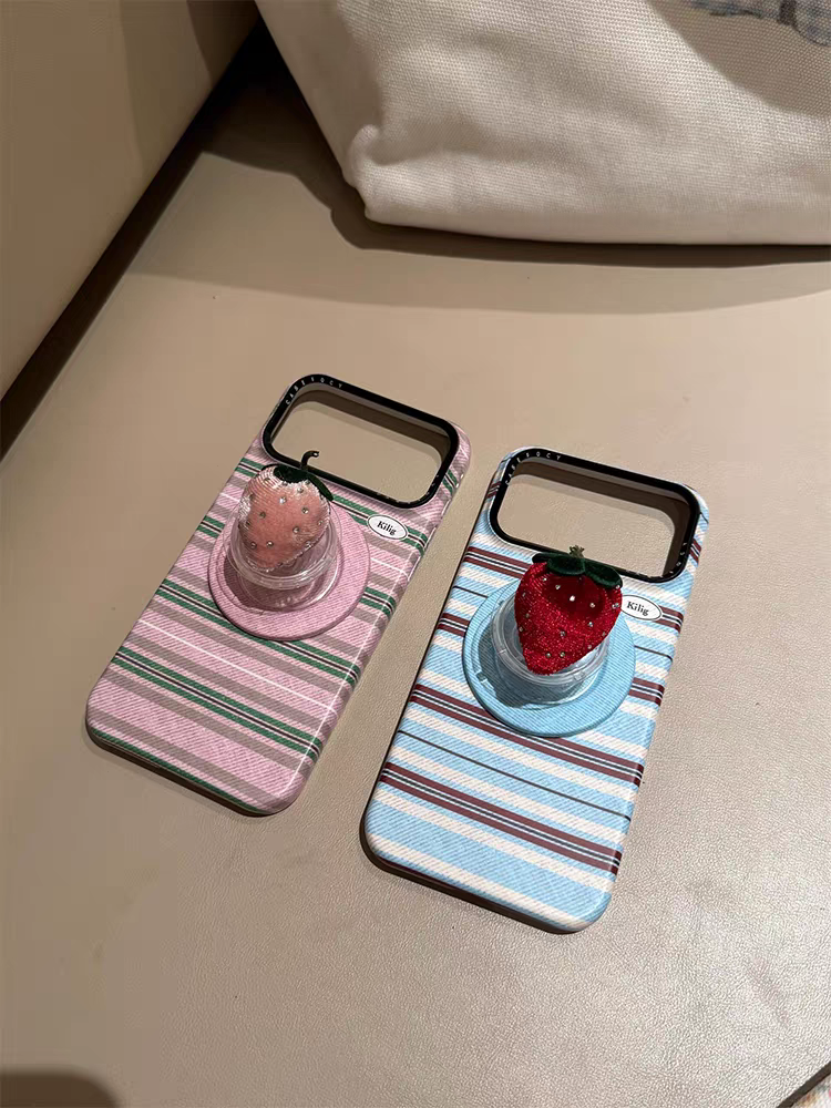 Casery Korean Style INS Color Block Stripe Strawberry Magnetic Stand Phone Case for iPhone17promax, fresh girl full coverage shockproof phone case