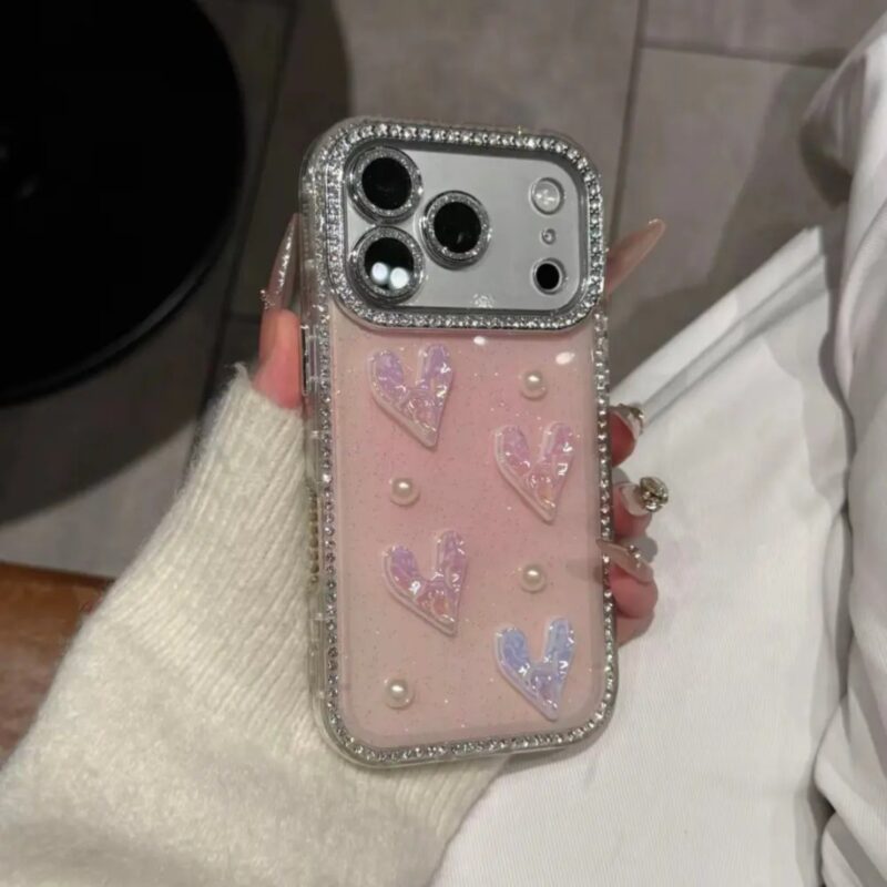ChicCase Lab 3D Heart Pearl Rhinestone Phone Case with Chain for iPhone17ProMax/16Pro/15/14/13, Shockproof Luxury Cover