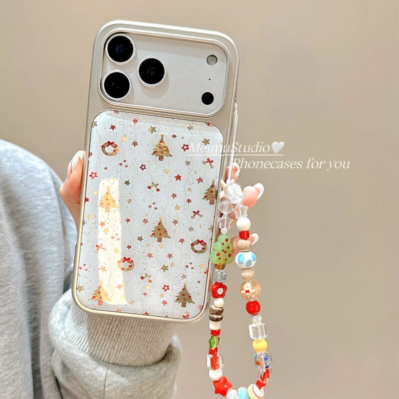 ChicCase Lab Korean Style Star Christmas Tree Phone Case for iPhone17ProMax, Electroplated Mirror Frame with Beaded Strap