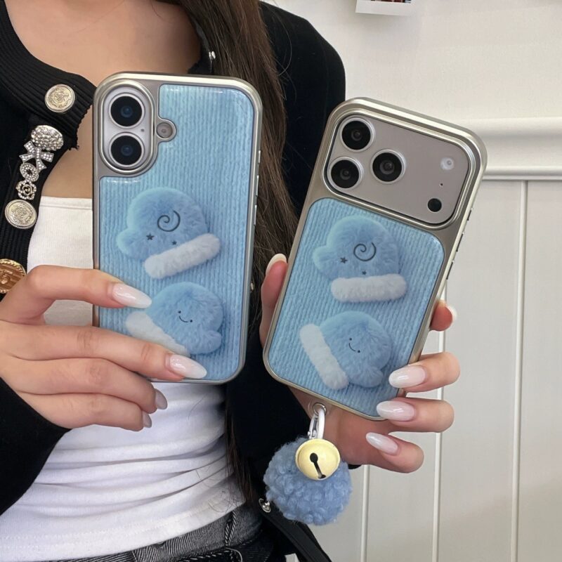 Fun Korean Style Plush Glove Phone Case for iPhone16promax, cute girl full coverage shockproof phone case with pom-pom option