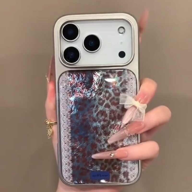 Electroplated Epoxy Lace Leopard Print Phone Case for iPhone17promax, sweet edgy girl full coverage shockproof phone case with blue flower strap option