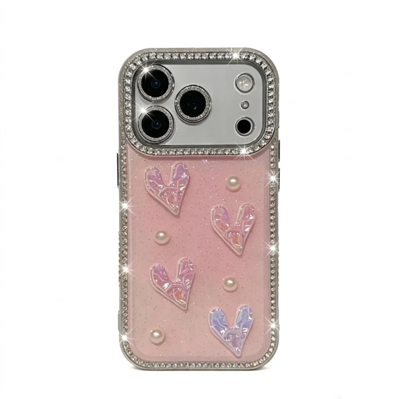 chiccase lab 3d heart pearl rhinestone phone case with chain for iphone17promax/16pro/15/14/13 shockproof luxury cover 💖