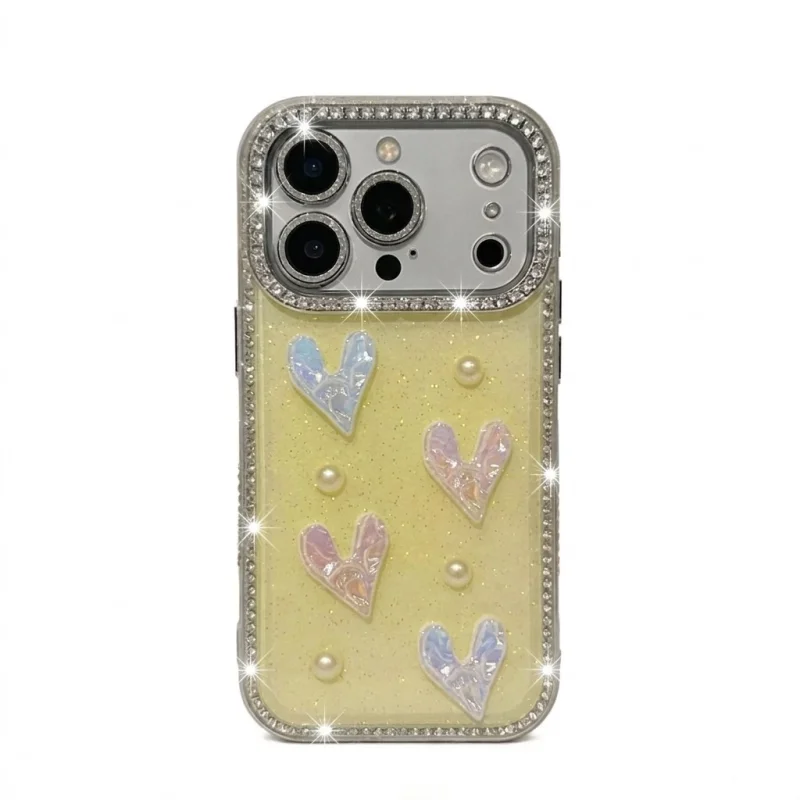 chiccase lab 3d heart pearl rhinestone phone case with chain for iphone17promax/16pro/15/14/13 shockproof luxury cover 💖