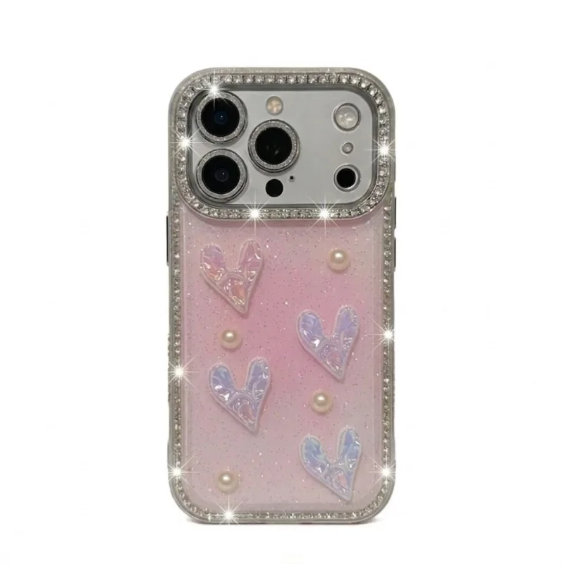 chiccase lab 3d heart pearl rhinestone phone case with chain for iphone17promax/16pro/15/14/13 shockproof luxury cover 💖