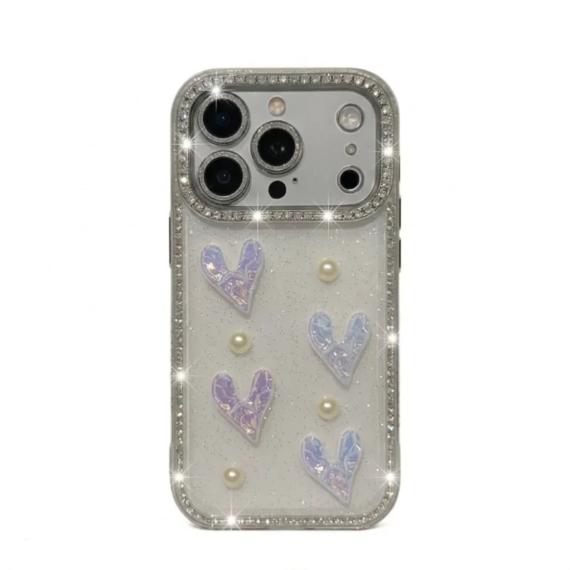 chiccase lab 3d heart pearl rhinestone phone case with chain for iphone17promax/16pro/15/14/13 shockproof luxury cover 💖