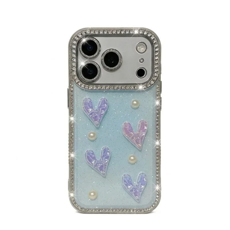 chiccase lab 3d heart pearl rhinestone phone case with chain for iphone17promax/16pro/15/14/13 shockproof luxury cover 💖