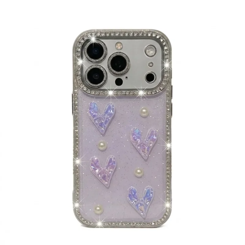 chiccase lab 3d heart pearl rhinestone phone case with chain for iphone17promax/16pro/15/14/13 shockproof luxury cover 💖