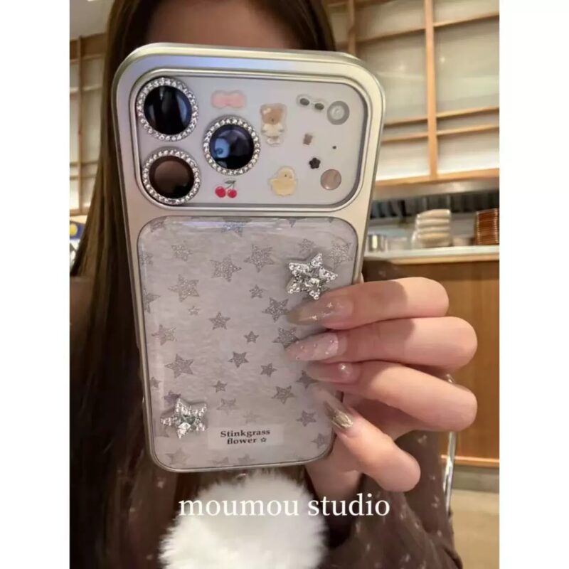 INS Korean Style Glitter 3D Star Phone Case for iPhone17promax, dreamy girl full coverage shockproof phone case with white pom-pom pearl chain option