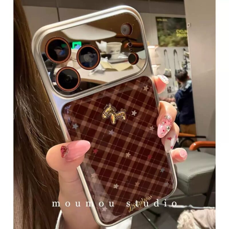 INS Korean Style Mirror Brown Gingham 3D Pony Phone Case for iPhone17promax, retro girl full coverage shockproof phone case
