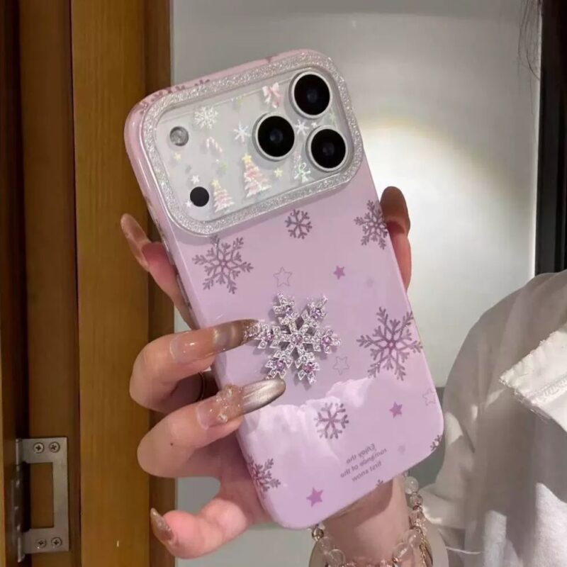Japanese Korean Cute Star Glitter 3D Snowflake Phone Case for iPhone17promax, girlish heart full coverage shockproof phone case with glitter lens frame
