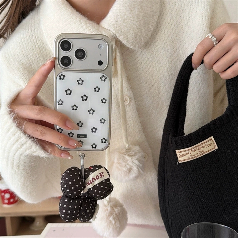 Korean Style Minimalist Full Screen Black Floral Phone Case for iPhone17, fresh girl full coverage shockproof phone case with floral strap option