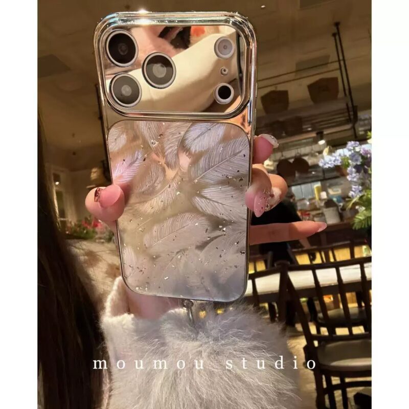 Mirror Electroplated Feather Phone Case for iPhone15promax, luxury premium full coverage shockproof phone case