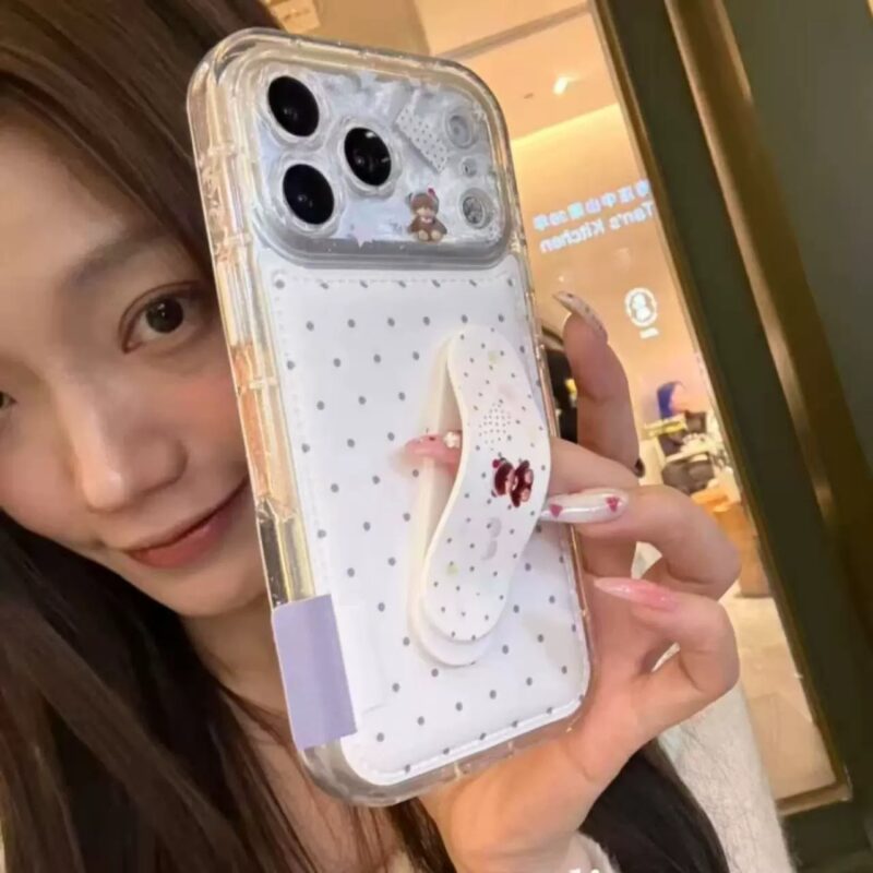 Niche INS Polka Dot Bear Stand Phone Case for iPhone17promax, transparent full coverage shockproof cute phone case with foldable stand