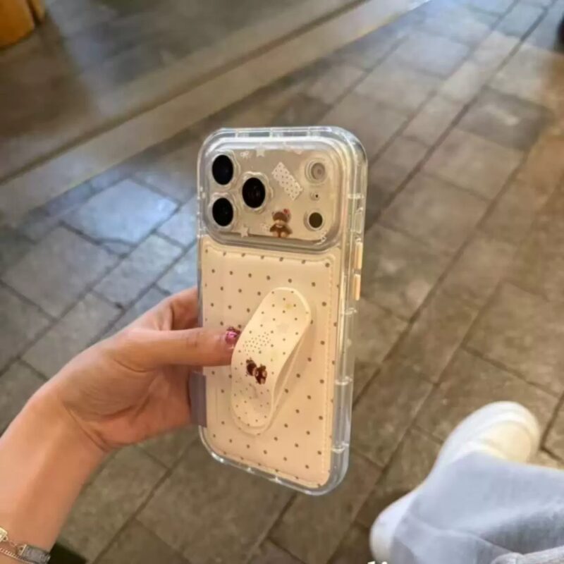 Niche INS Polka Dot Bear Stand Phone Case for iPhone17promax, transparent full coverage shockproof cute phone case with foldable stand