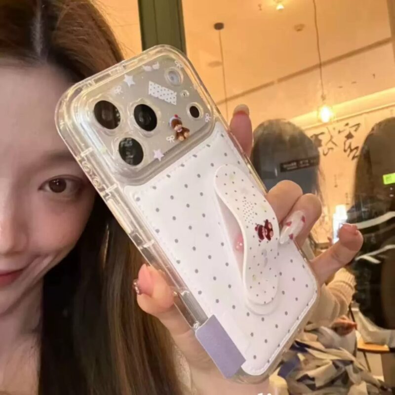 Niche INS Polka Dot Bear Stand Phone Case for iPhone17promax, transparent full coverage shockproof cute phone case with foldable stand