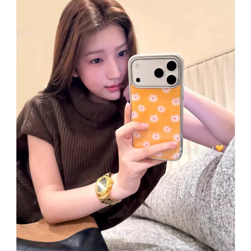 Youlipark INS Girl Style Gentle Chiffon Yellow Full Screen Floral Phone Case for iPhone17promax, fresh girl full coverage shockproof phone case