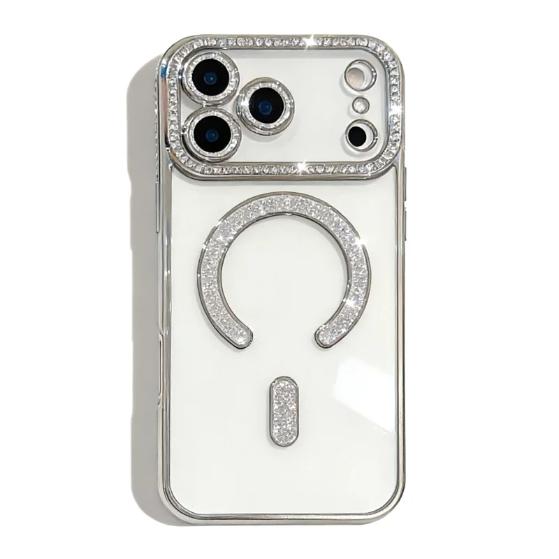 side diamond magnetic electroplated transparent💎 phone case for iphone17pro (glitter lens film & luxury style)