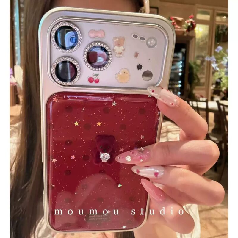Premium INS Red Polka Dot Bear Phone Case for iPhone17promax, diamond inlaid lens frame full coverage shockproof phone case