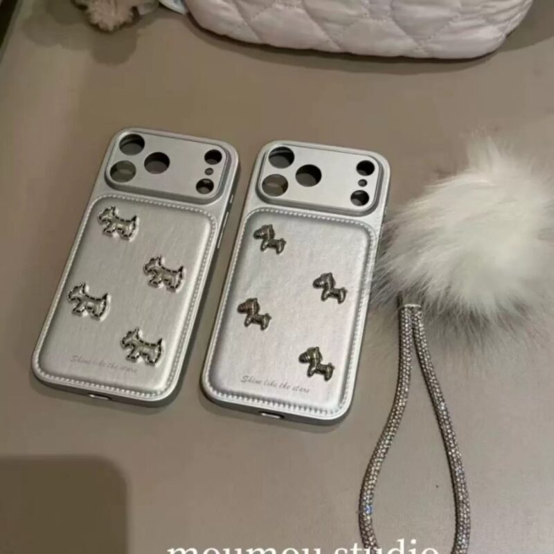 Premium Silver 3D Pony & Dog Phone Case for iPhone17promax, sweet cool girl full coverage shockproof phone case with pom-pom bracelet option