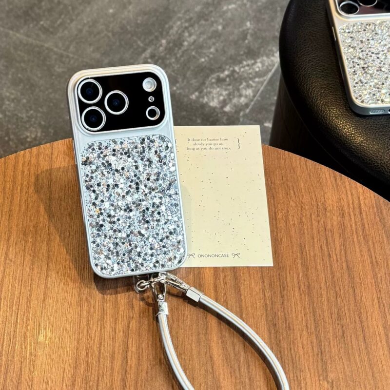 Premium Silver Glitter Sequins Phone Case for iPhone17, luxury sparkling full coverage shockproof phone case with silver leather strap option