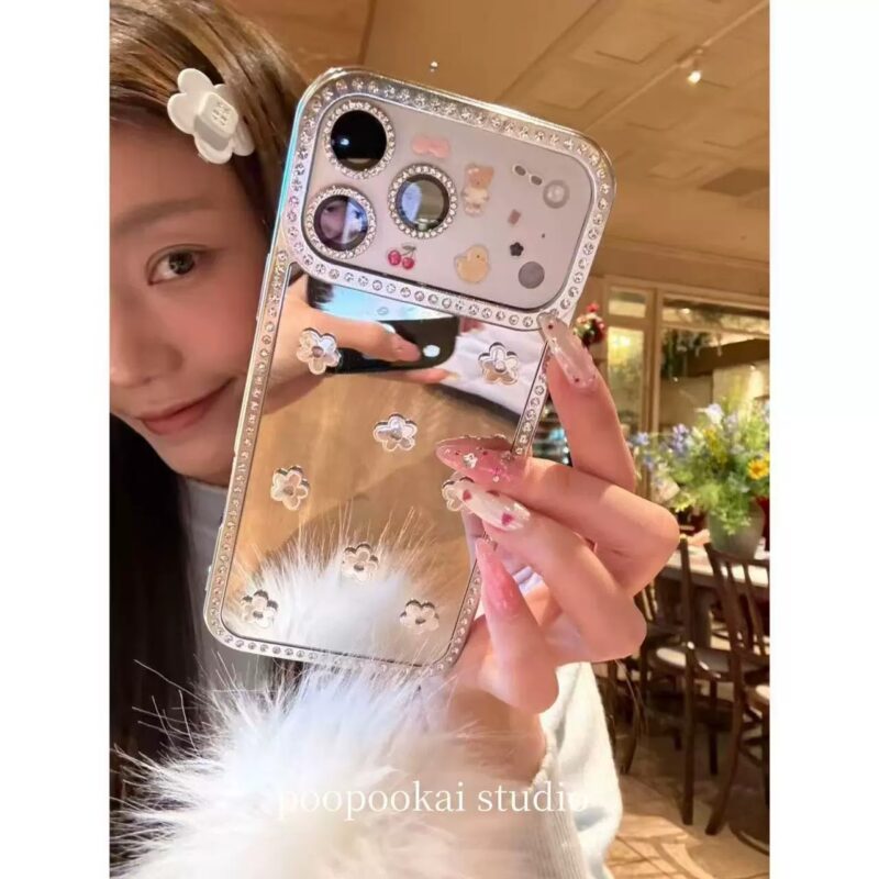 Premium Sparkling Diamond Mirror Floral Phone Case for iPhone17promax, elegant girl full coverage shockproof phone case with white pom-pom strap option