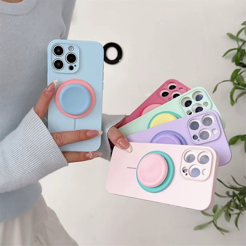 Thin-Ring Liquid Silicone MagSafe Phone Case & Color Block Magnetic Stand for iPhone17Pro/16ProMax, Full Coverage Shockproof Cover with Touch Buttons