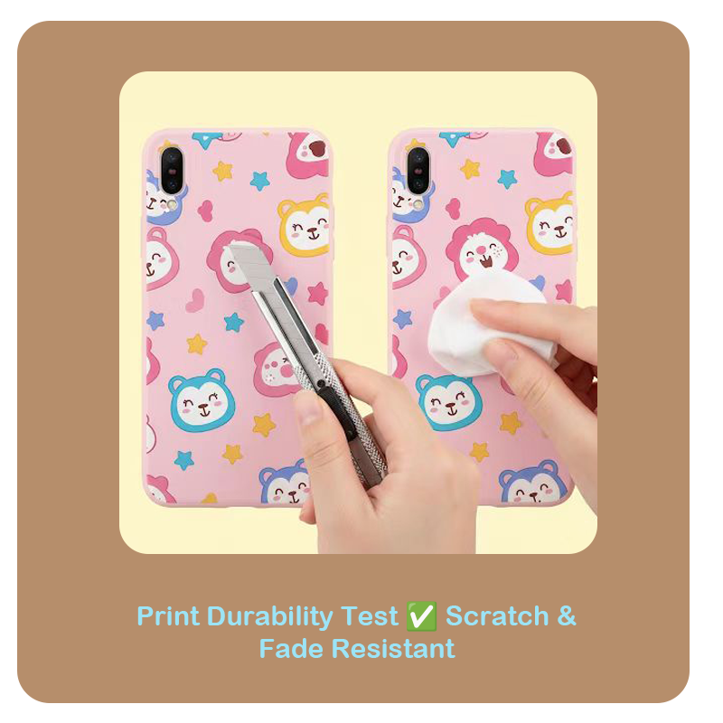 Cartoon phone case print durability test, knife scratching and alcohol wiping to show design is fade and scratch resistant