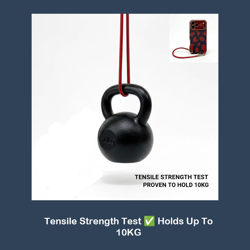 Phone case lanyard tensile strength test, holding 10kg kettlebell to demonstrate durability