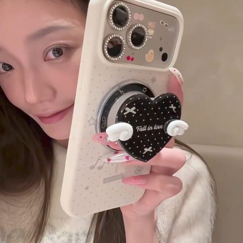 ChicCase Lab Liquid Silicone Note Wings Magnetic Stand Phone Case for iPhone17ProMax/16/14, Cute Shockproof Cover