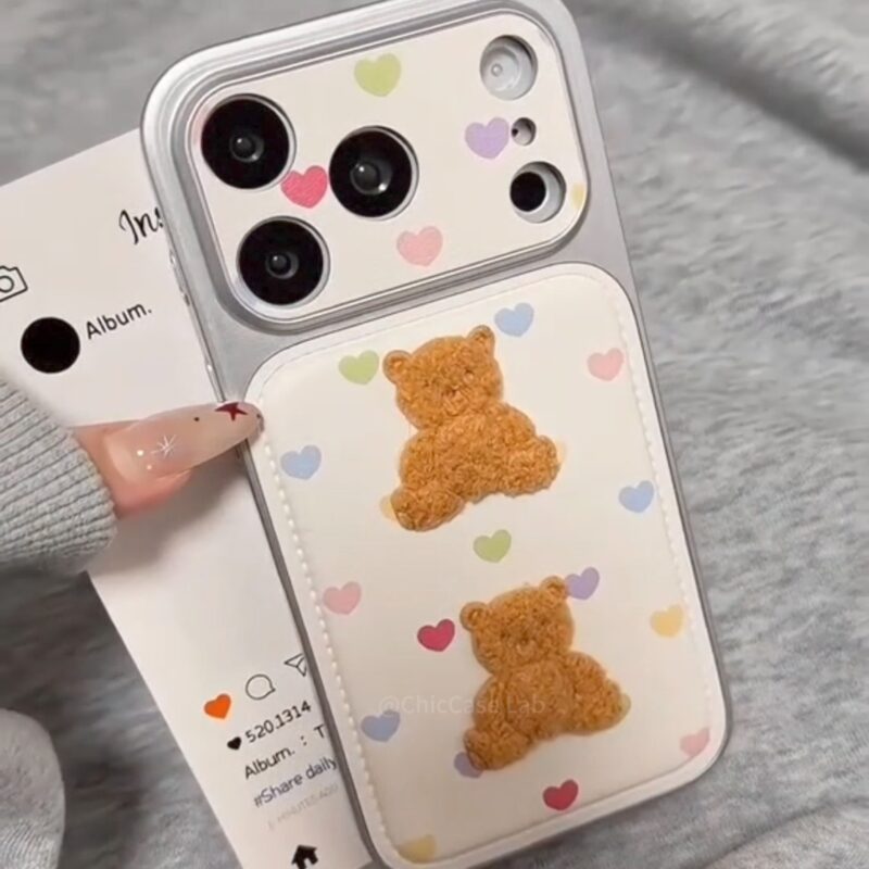 ChicCase Lab Korean Style Plush Bear Heart Phone Case with Strap for iPhone17ProMax/16Pro/15, Shockproof Cute Cover