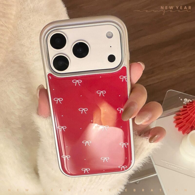 ChicCase Lab Red Gilded Bow Phone Case for iPhone17ProMax/16/13, Luxury Shockproof Cover