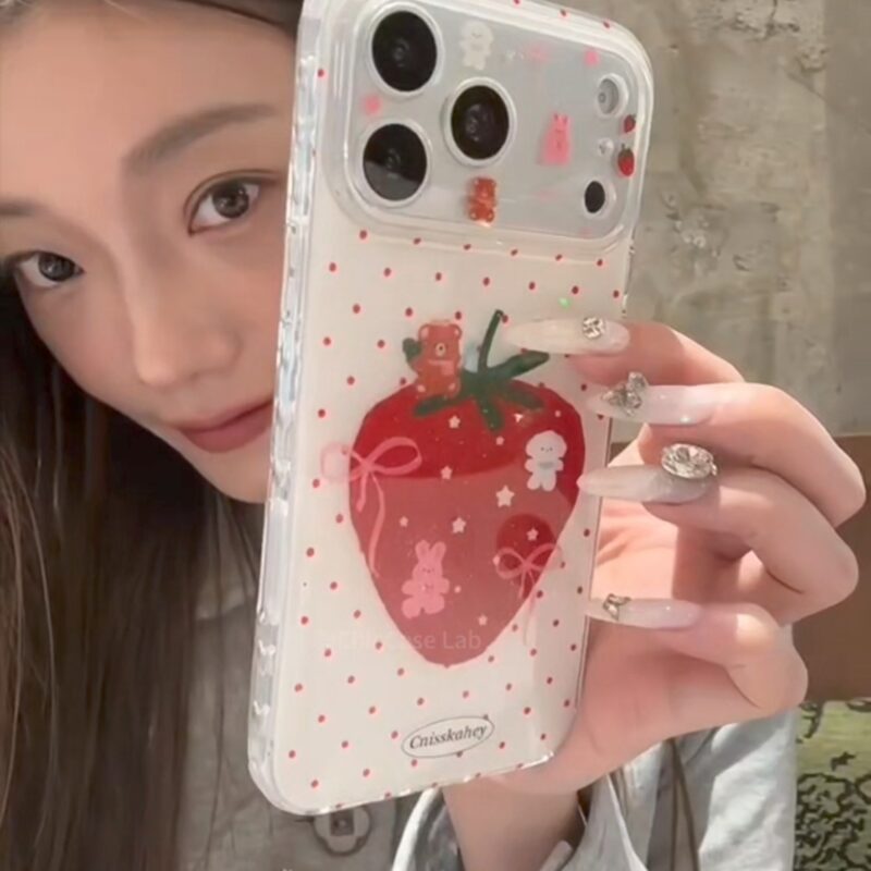 ChicCase Lab Korean Style Cute Strawberry Bear Phone Case for iPhone17ProMax/13, Shockproof Kawaii Cover