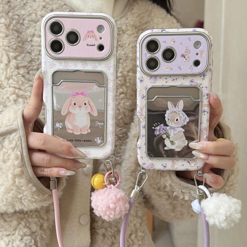 ChicCase Lab Cute Bunny Card Holder Phone Case with Lanyard for iPhone17ProMax/16/15, Shockproof Kawaii Cover