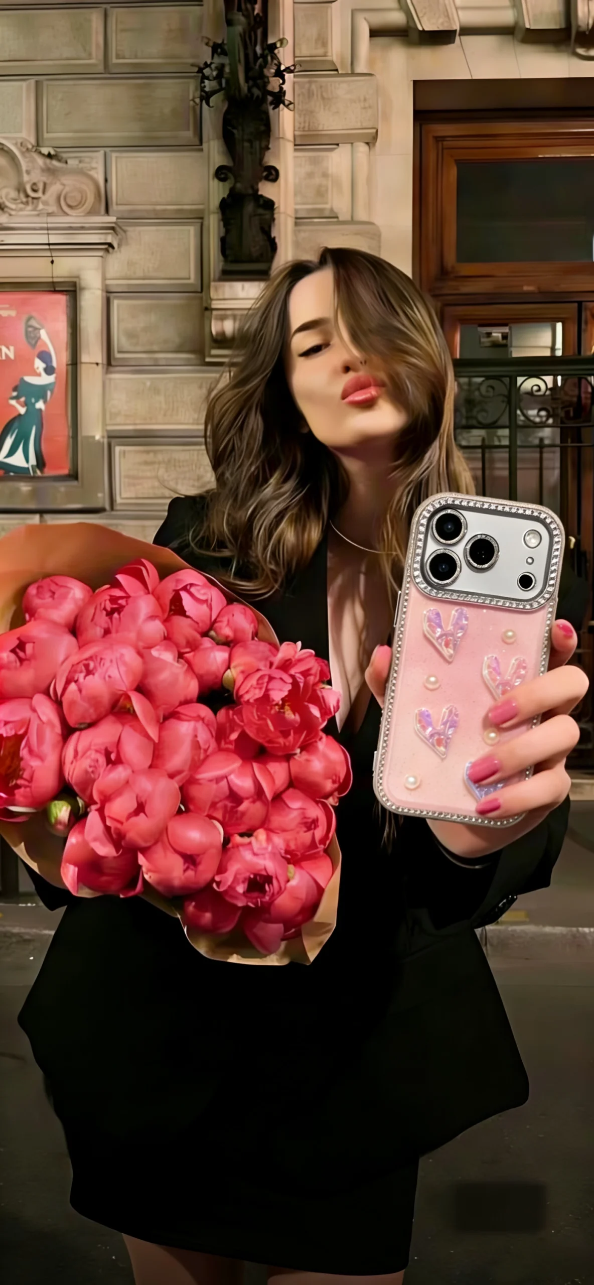 Trendy cute phone case with stylish design, featured in a fashion photoshoot with a model holding flowers, perfect aesthetic iPhone case