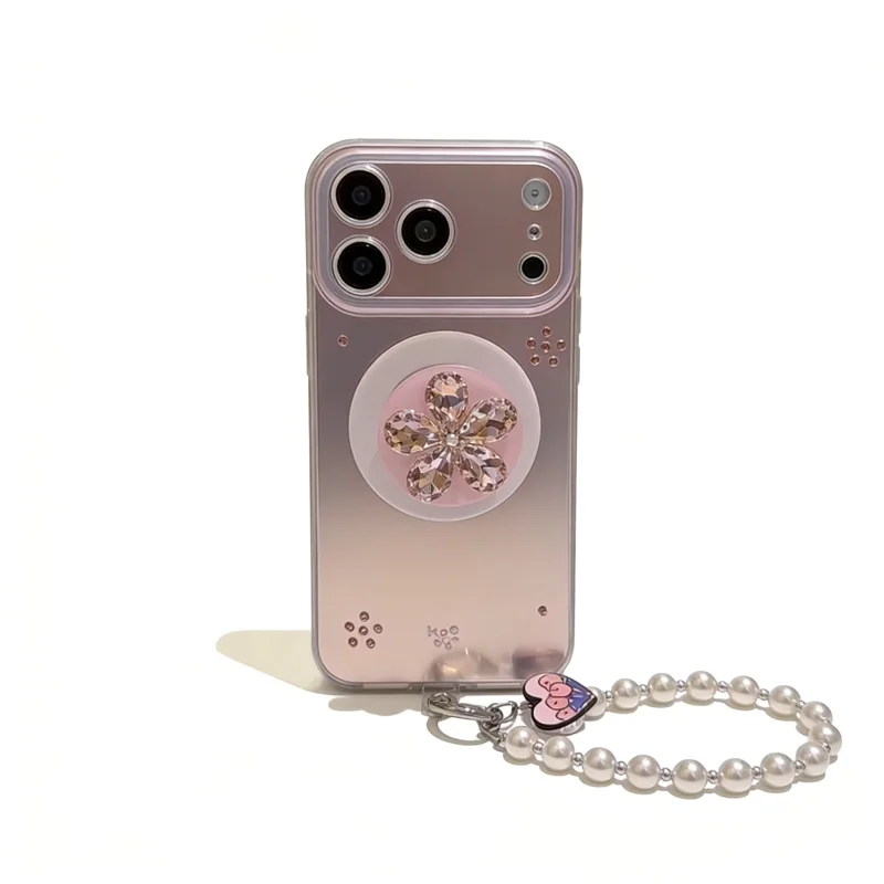 ChicCase Lab Korean Pink Rhinestone Flower Magnetic Phone Case with Pearl Chain for iPhone17ProMax/16Pro Shockproof Cover
