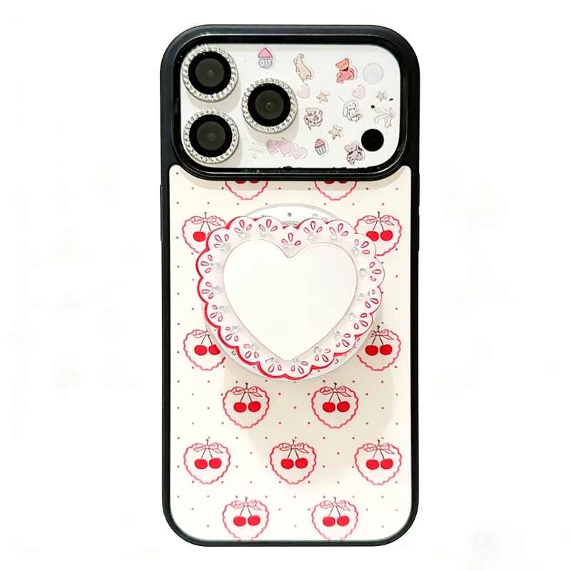 ChicCase Lab Cherry Heart Makeup Mirror Magnetic Phone Case for iPhone17ProMax/16Pro Shockproof Cover