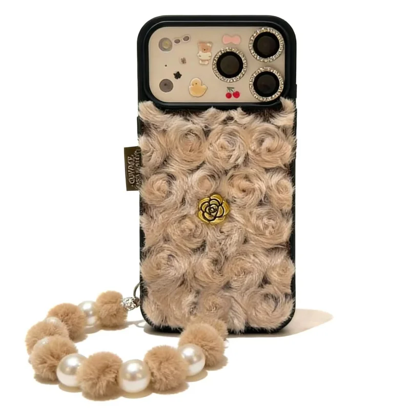 ChicCase Lab Vintage 3D Floral Plush Phone Case with Pom-pom Pearl Chain for iPhone17ProMax/16Pro Shockproof Cover