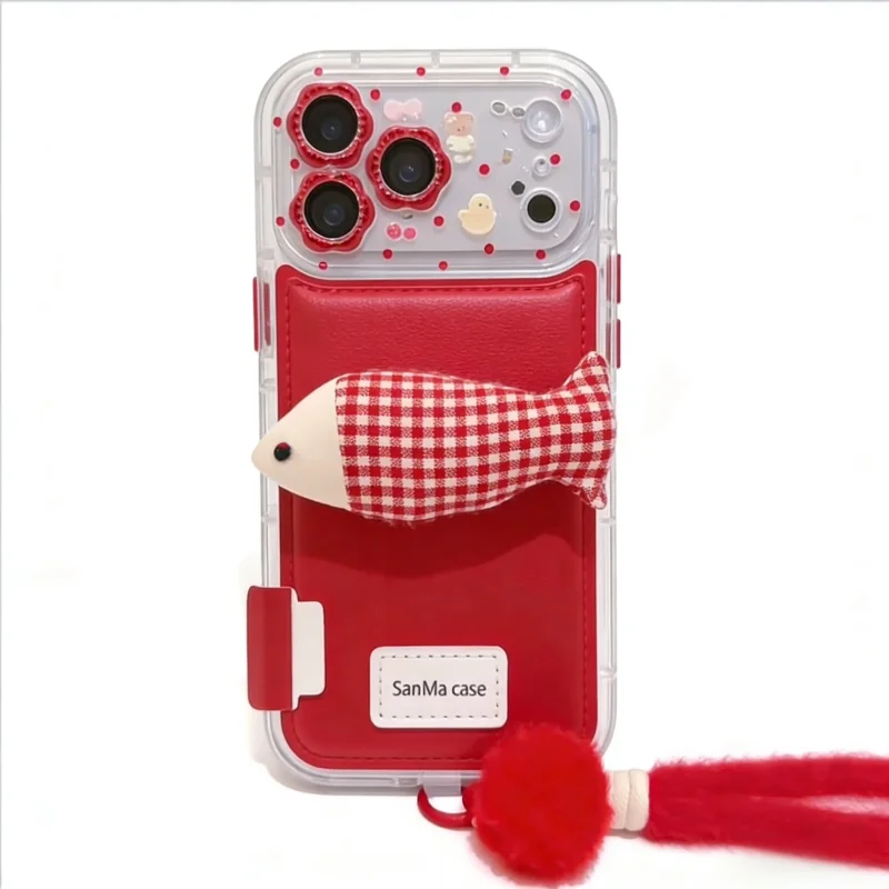 ChicCase Lab Red Plaid Plush Fish 3D Phone Case with Pom-pom Lanyard for iPhone17ProMax/16Pro Shockproof Cover