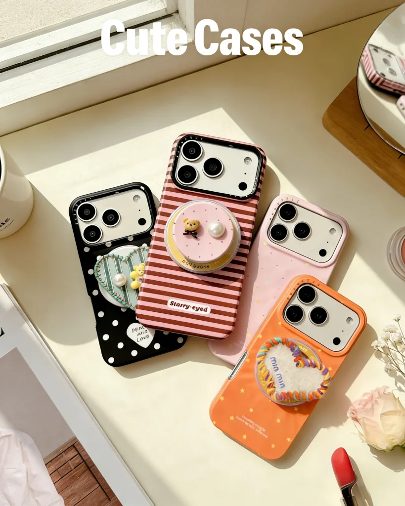 Cute pastel-colored phone cases on a cozy desk with coffee, magazine, and sunlight, showcasing adorable designs for girls