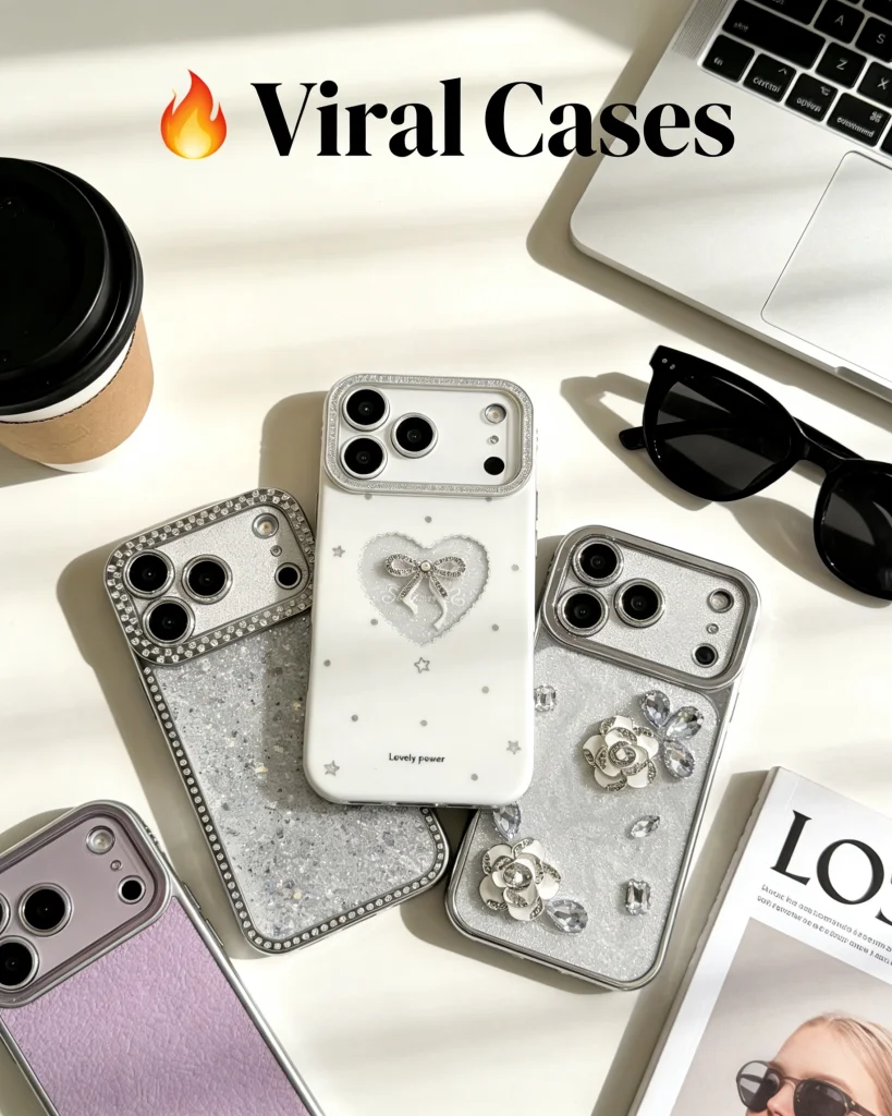 Viral trendy phone cases arranged on a stylish desk with sunglasses, coffee, and magazines, highlighting popular TikTok and Instagram designs
